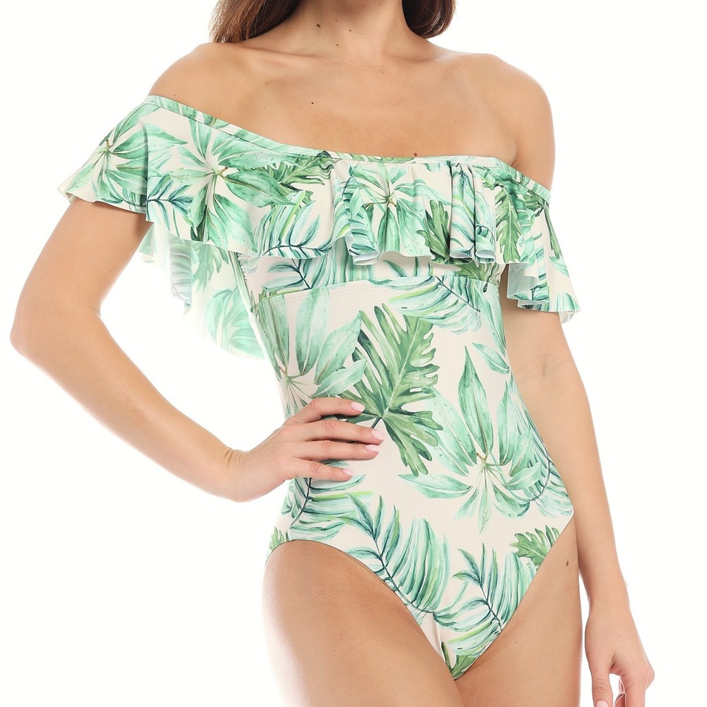 Gianni Bini
Lush Gardens Off-the-Shoulder Ruffle One Piece Swimsuit. A-6